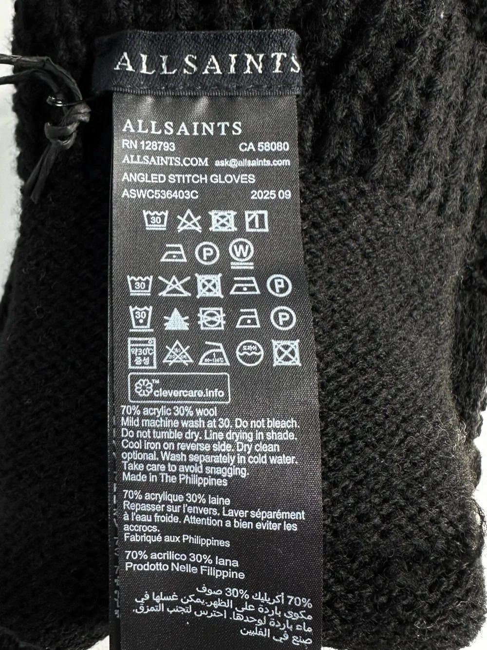AllSaints Angled Stitch Marled Wool Blend Gloves Black NWT